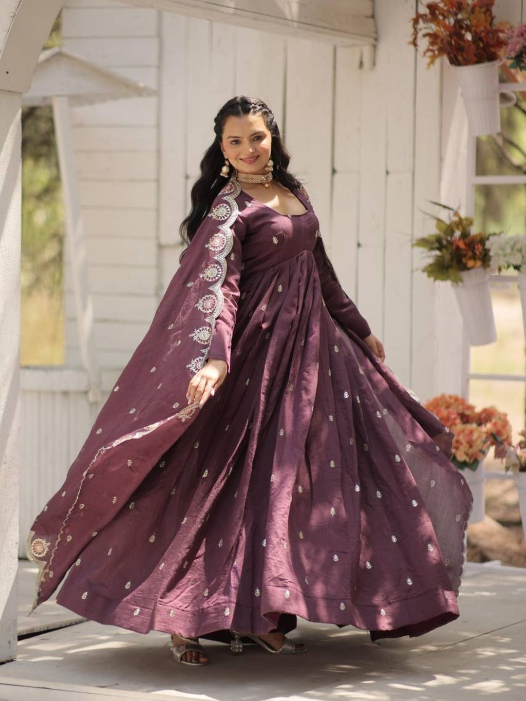 Women Sequin Embroidered Long Sleeve Gown With Dupatta