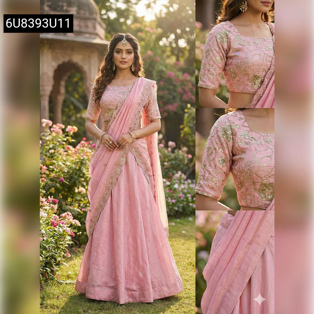 Model wearing Blush Pink Vichitra Silk Cutwork Lehenga with attached pleated dupatta, full body front view