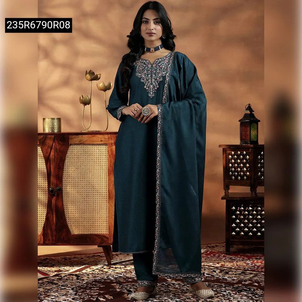 TRENDBUY Women's Vichitra Silk Embroidered Kurti Set - Full Front View, Teal Blue