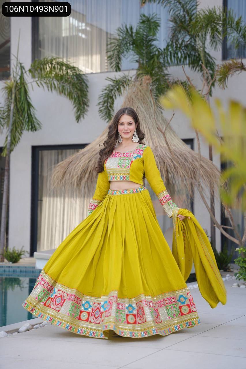 Model in TRENDBUY Vichitra Silk Lime Green Lehenga Choli, full body, graceful pose, outdoor