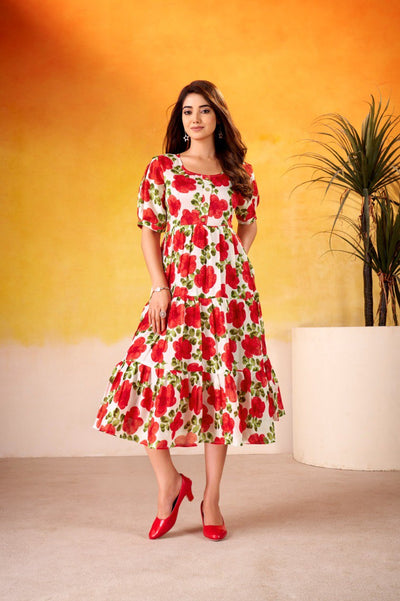 Vichitra Silk Floral Tiered Frock for Women | Festive & Casual Wear