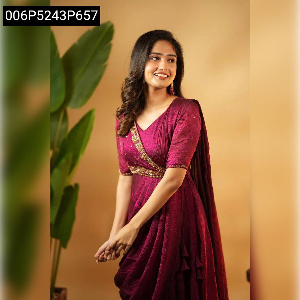 Maroon Vichitra Silk Pre-Draped Saree Anarkali with golden embroidery, model smiling gracefully.