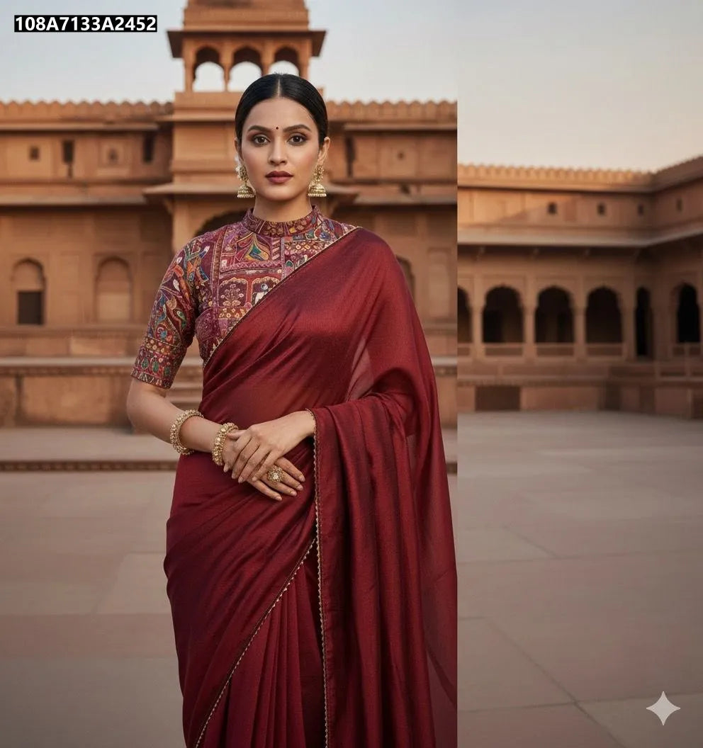 Model wearing TRENDBUY Premium Vichitra Silk Saree in maroon with RajaRani print blouse, 3/4 shot looking at camera.