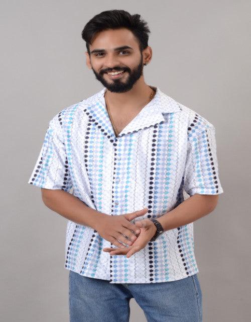Men Blue Cotton Blend Printed Spread Collar Half Sleeves Oversized Casual Shirt (SIZE- M,L,XL) - TREND BUY