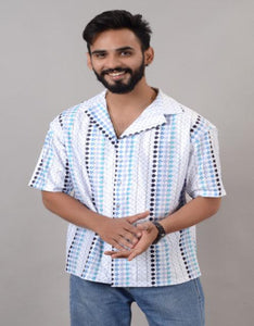 Men Blue Cotton Blend Printed Spread Collar Half Sleeves Oversized Casual Shirt (SIZE- M,L,XL)