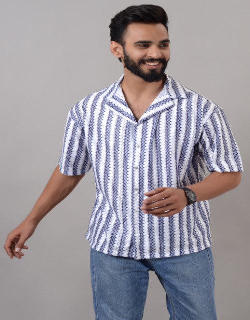 Men Blue Cotton Blend Striped Spread Collar Half Sleeves Oversized Casual Shirt (SIZE- M,L,XL) - TREND BUY