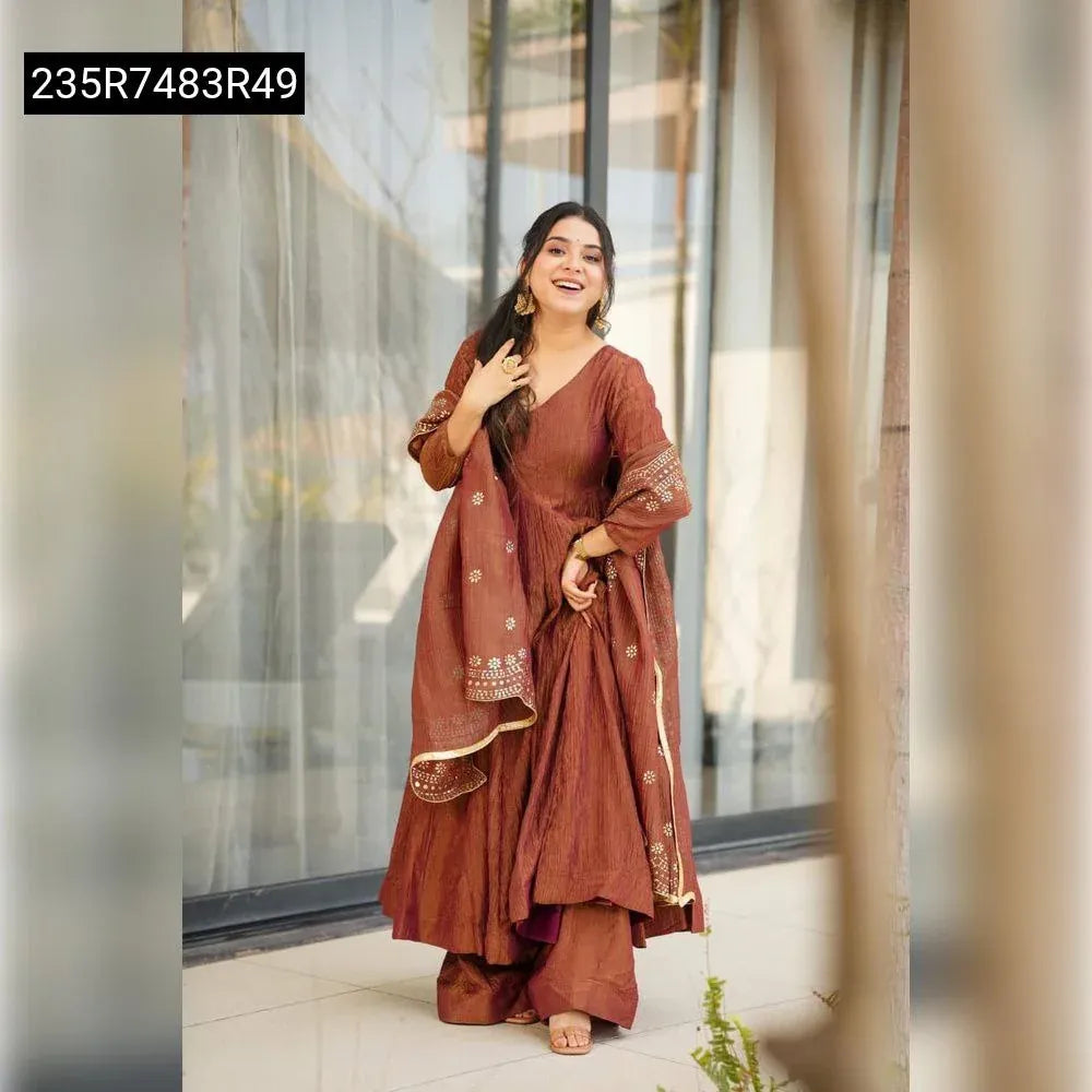 TRENDBUY Rust Brown Viscose Chinon Anarkali Kurti Set with Sequence Embroidery Dupatta, full front view of model
