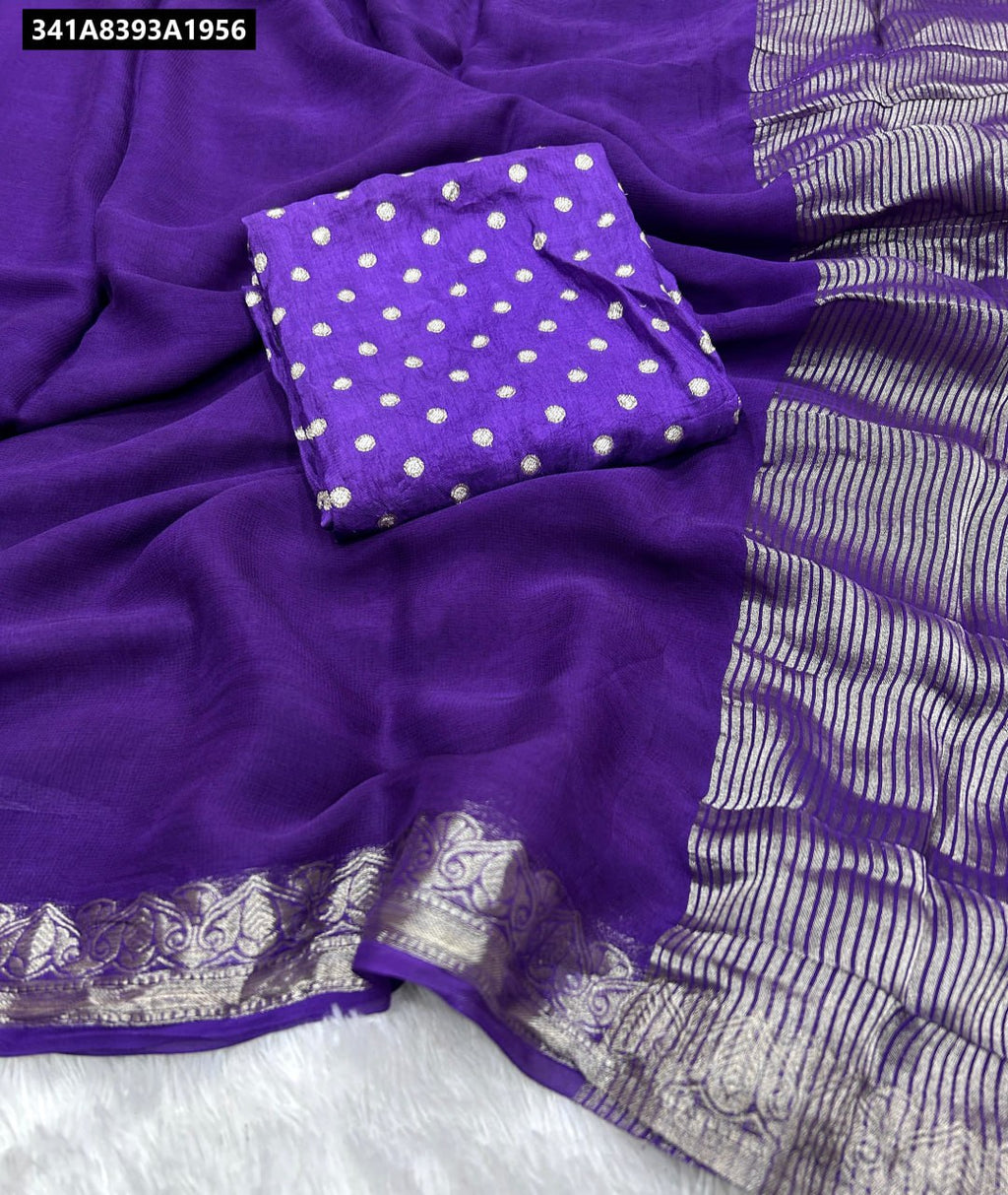 Pure Viscose Chinon Saree in Purple with matching Blouse Piece and Gold Border - TRENDBUY