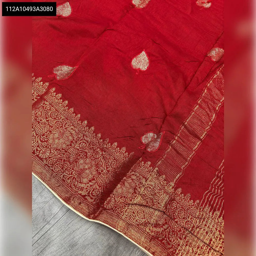TRENDBUY Pure Viscose Dola Saree in Red with Jacquard Border and Embroidery