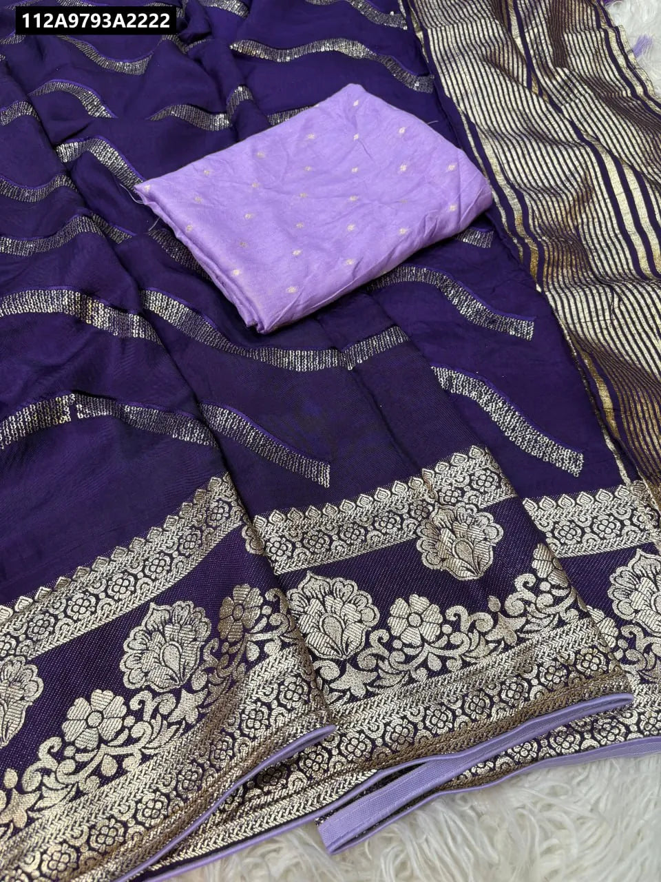 TRENDBUY Purple Viscose Dola Saree with golden jacquard border and light purple contrast blouse on white textured background