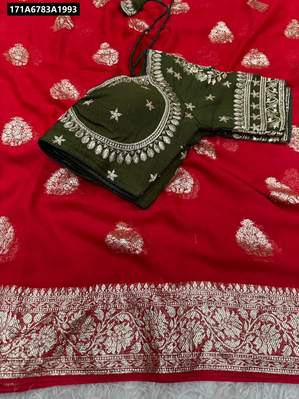 TRENDBUY Red Viscose Georgette Saree with Banarasi border and olive green embroidered blouse