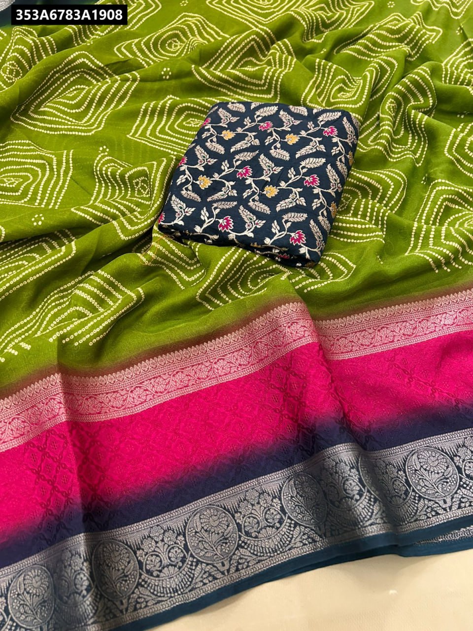 TRENDBUY Viscose Georgette Bandini Saree in Green with Blue Jacquard Blouse, flat lay