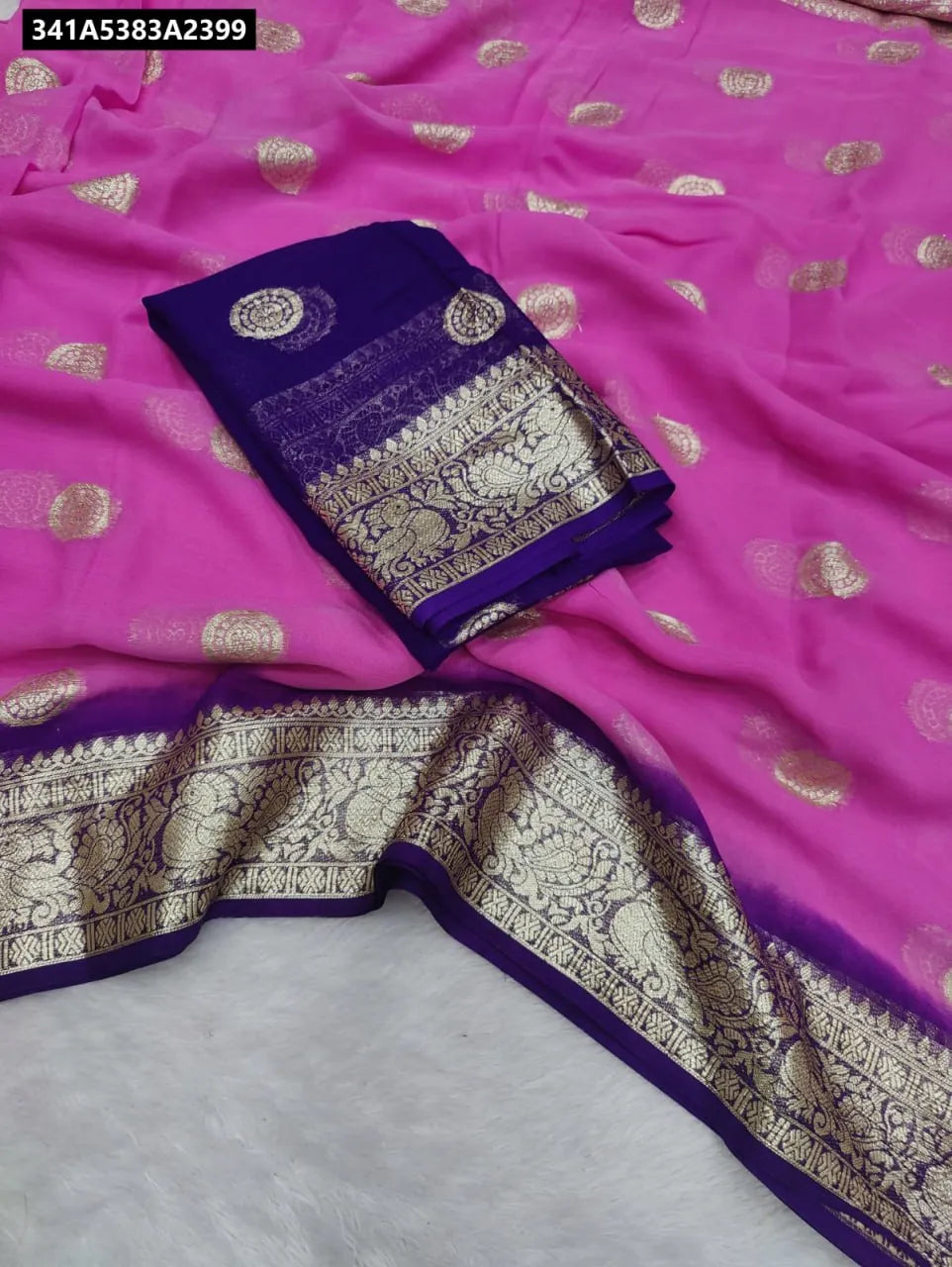 TRENDBUY Pure Viscose Georgette Saree in Pink with Navy Blue Jacquard Border and Blouse
