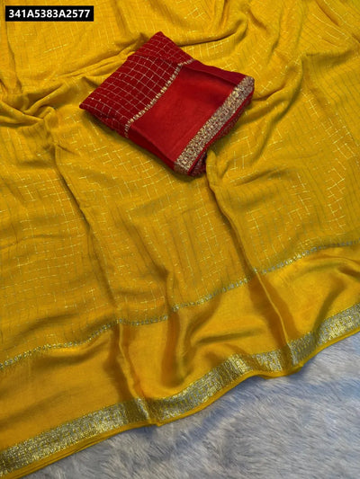 Buy Yellow Viscose Georgette Saree for Women with Chex Weave Design & Red Blouse | Ethnic Wear Online