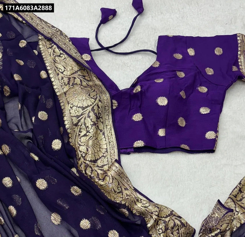 TRENDBUY Lavender Viscose Georgette Saree with running blouse piece, flat lay on white background, showing gold motifs and border.