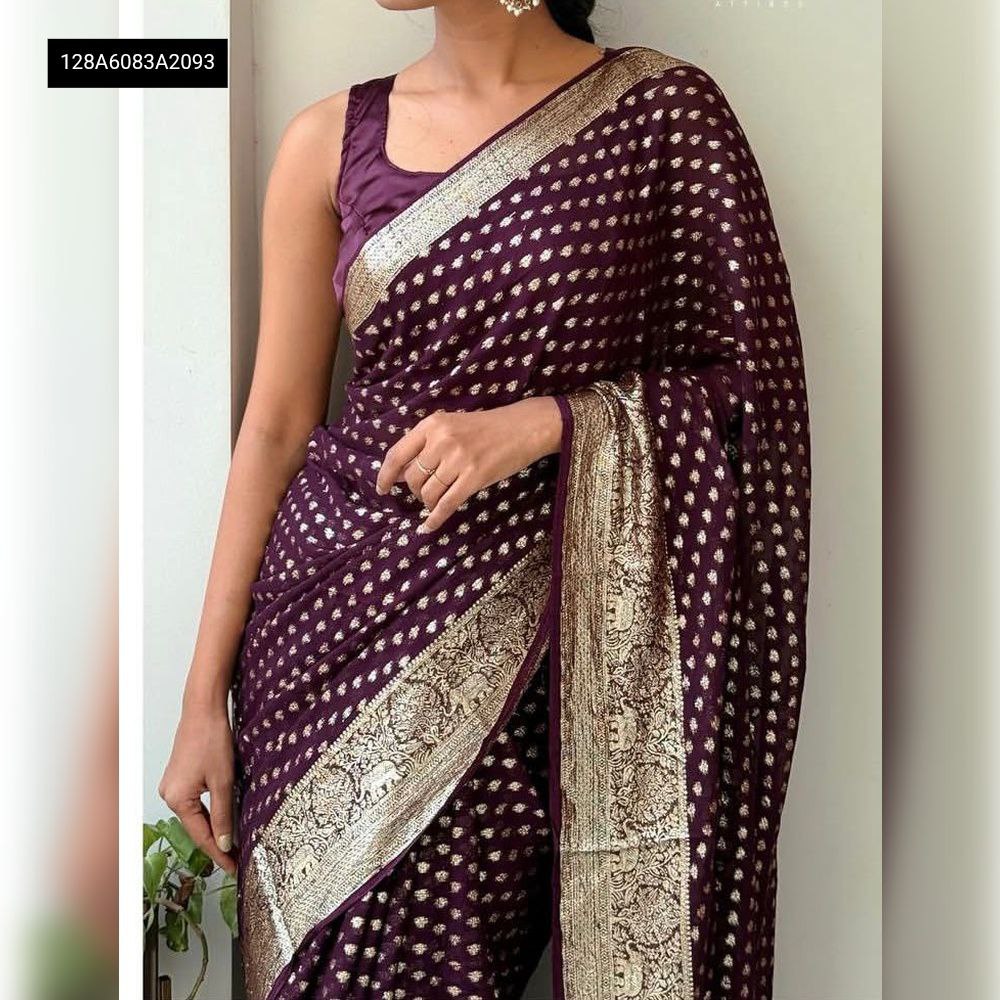 Model in Deep Plum Viscose Georgette Saree with Zari Jacquard Border