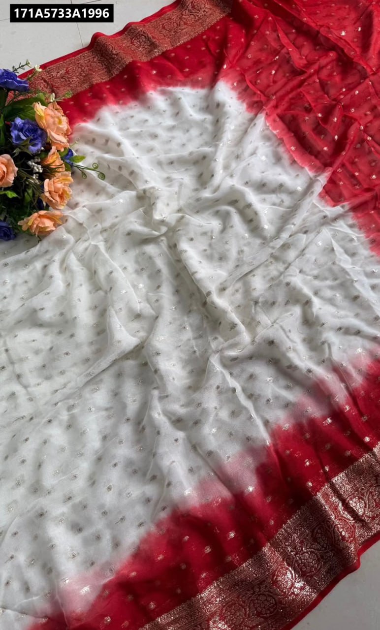 TRENDBUY Viscose Georgette Tie-Dye Saree in White and Red with Zari Border - flat lay