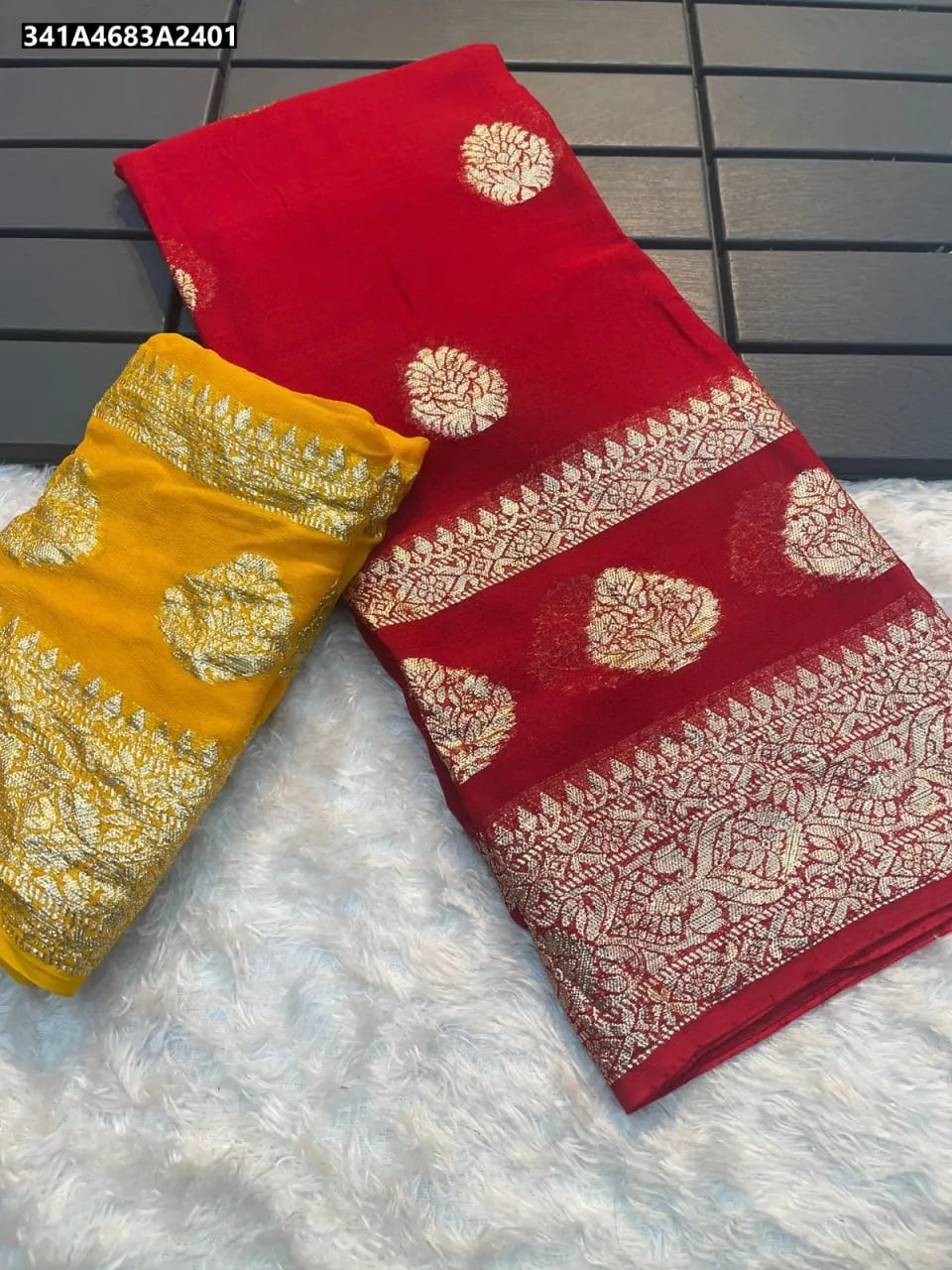 Red Viscose Georgette Saree with Yellow Contrast Blouse, flat lay, TRENDBUY