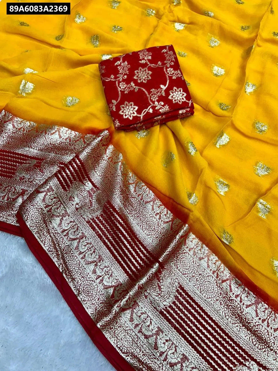 TRENDBUY Viscose Georgette Saree in Sunshine Yellow with Ruby Red Contrast Pallu and Banarasi Blouse Piece, Flat Lay