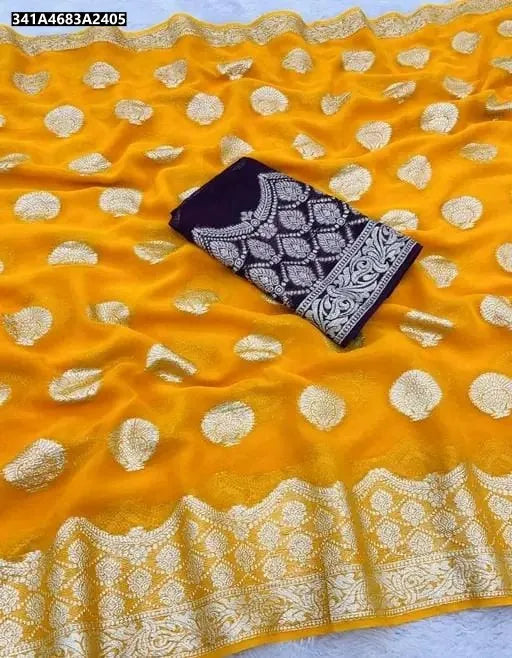 Vibrant Yellow Viscose Georgette Saree with gold Banarasi weave and dark purple contrast blouse, flat lay.