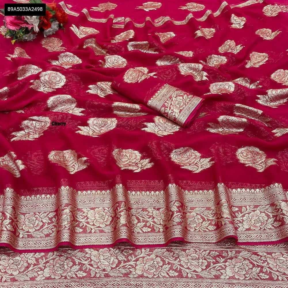 Cherry Red Viscose Georgette Saree with golden zari work and contrast blouse by TRENDBUY