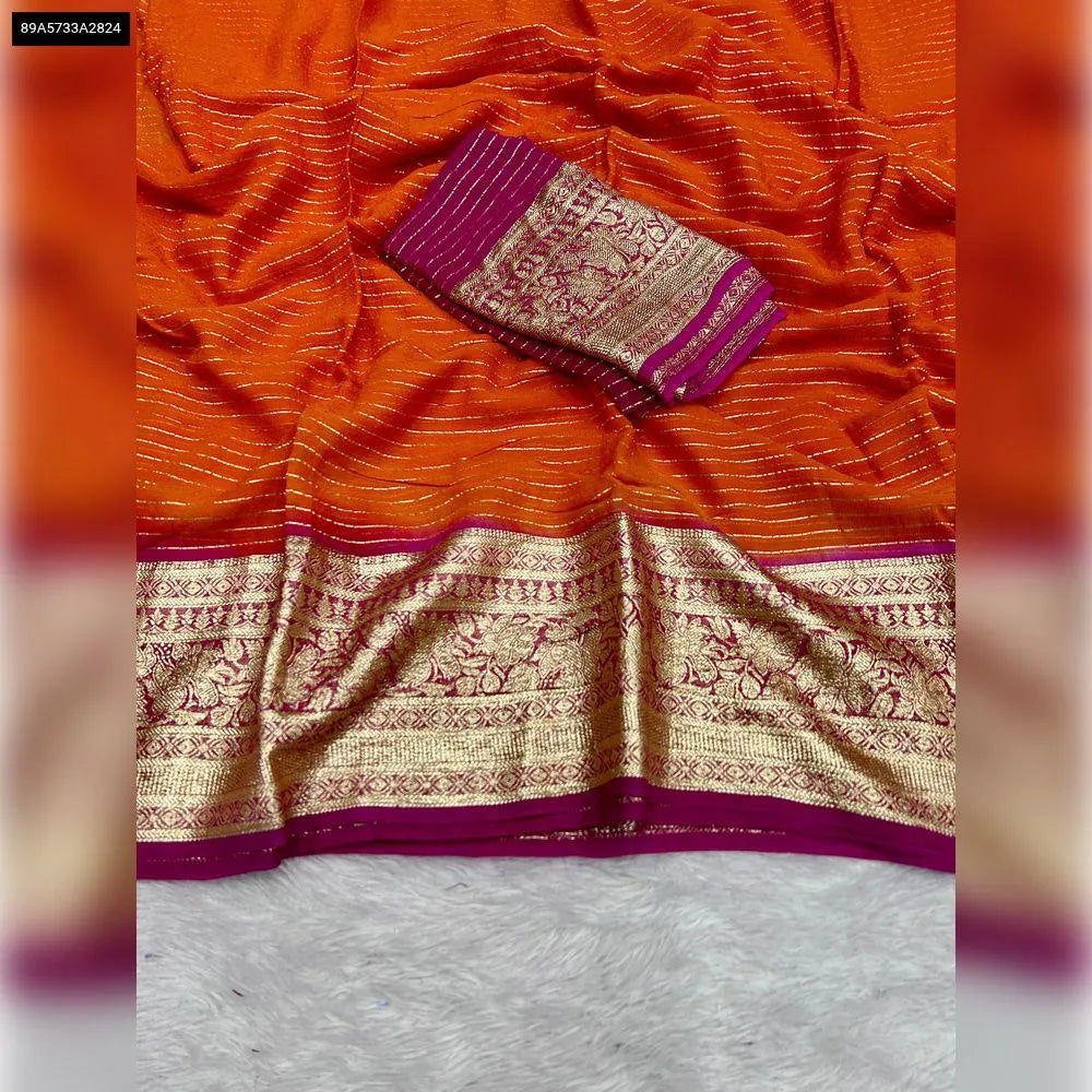 TRENDBUY Orange Viscose Georgette Saree with Zari Weaving Border and Pink Contrast Blouse