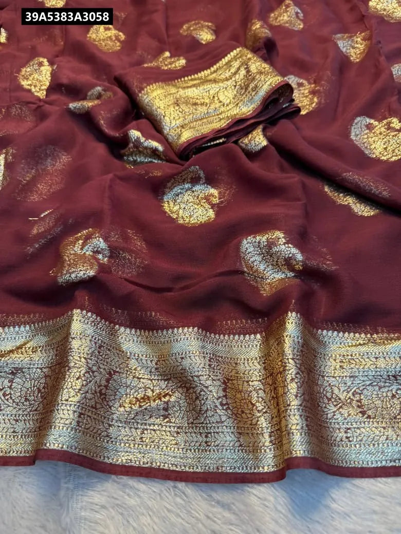 TRENDBUY Maroon Viscose Georgette Weaving Jacquard Saree with contrast blouse piece, close-up