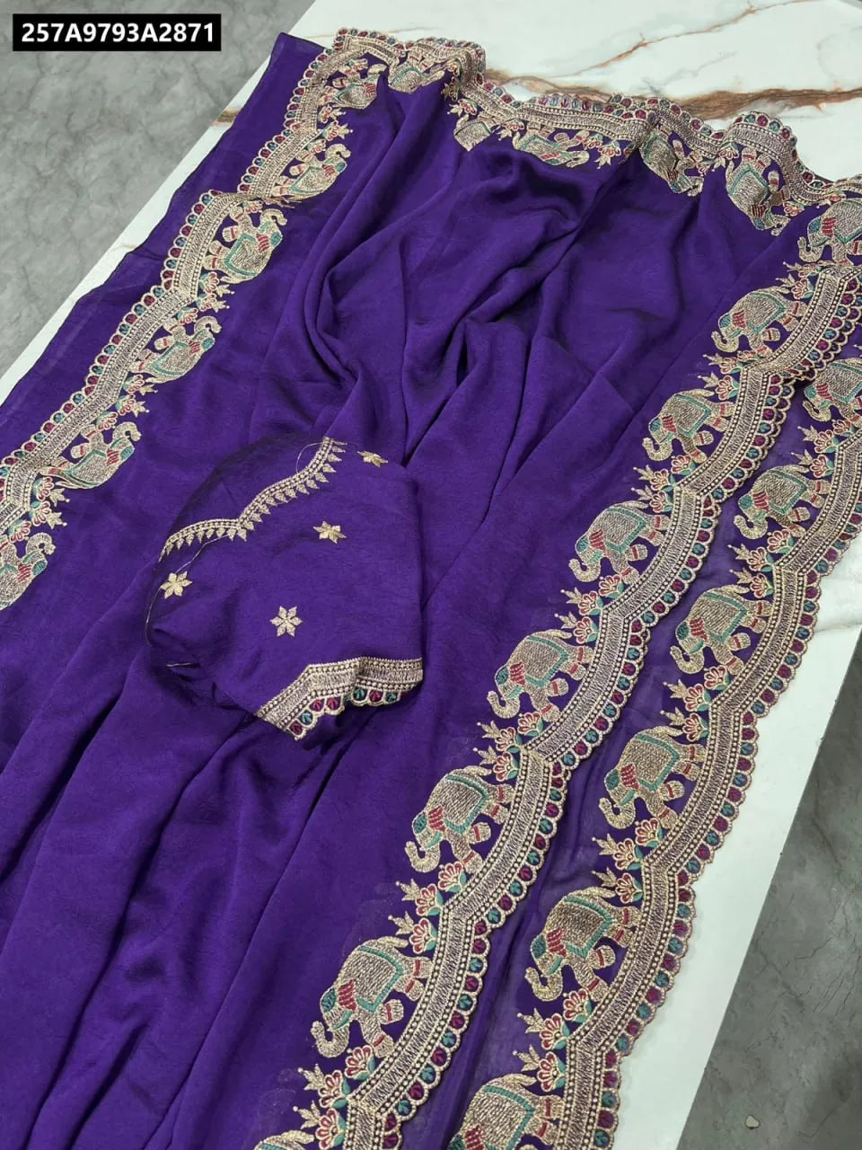 TRENDBUY Viscose Russian Khadi Saree in Violet with Elephant Jacquard Border and Blouse Piece