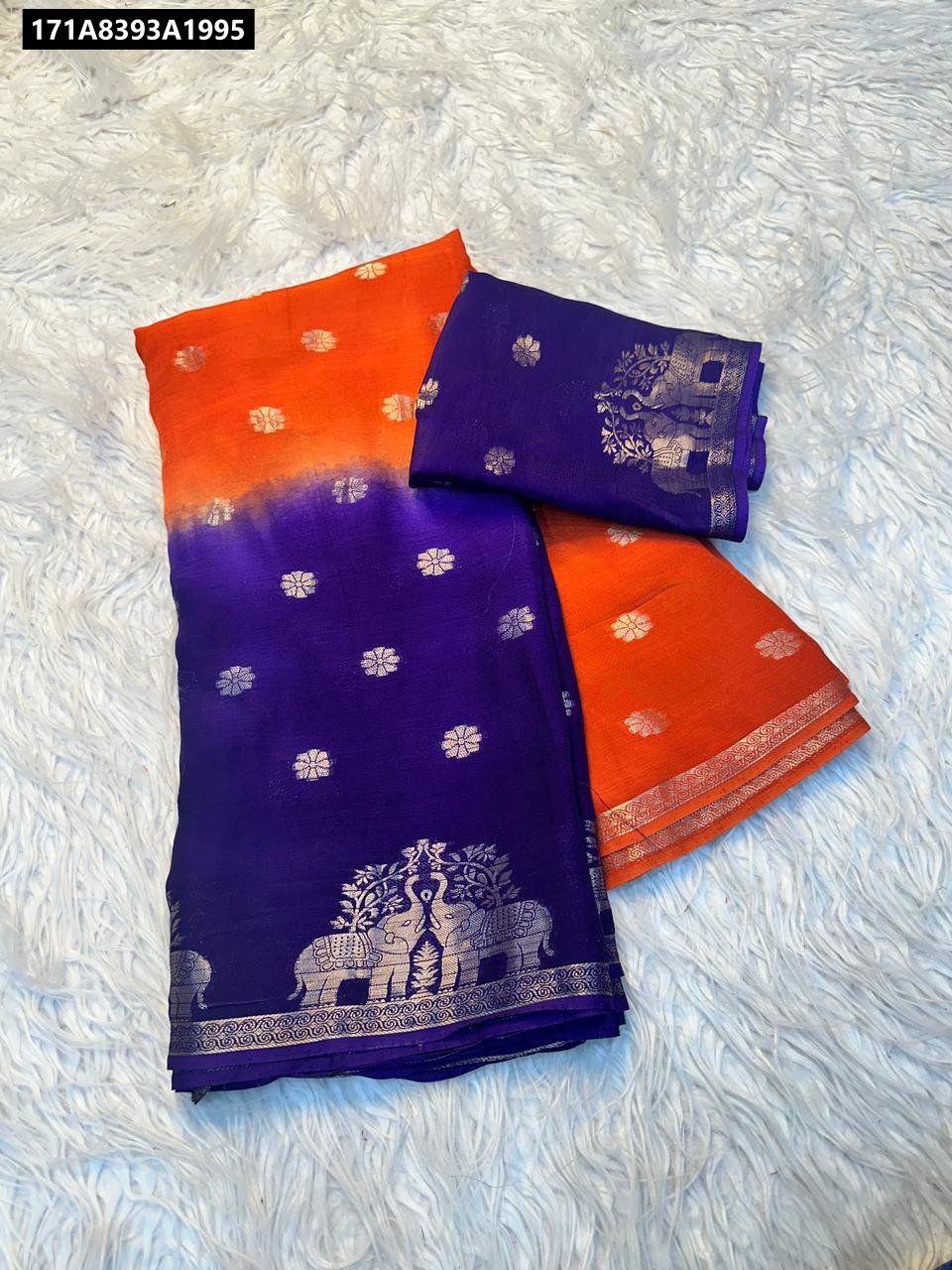 TRENDBUY Viscose Khadi Silk Ombre Saree with purple blouse piece, showcasing orange to purple gradient and jacquard elephant border, flat lay on white furry background.