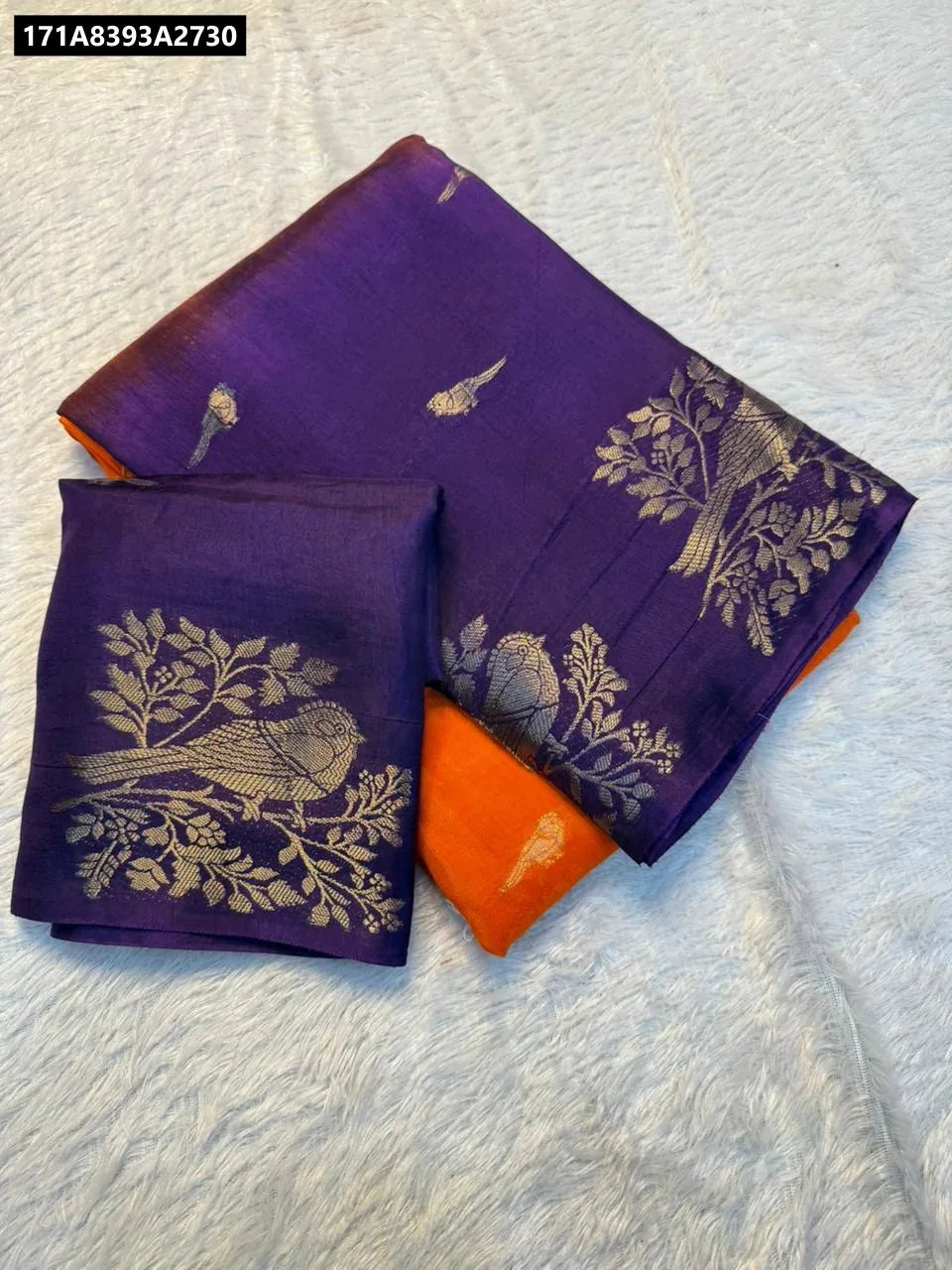 TRENDBUY Purple and Orange Viscose Khadi Silk Saree with Jacquard Bird Design and Running Blouse Piece