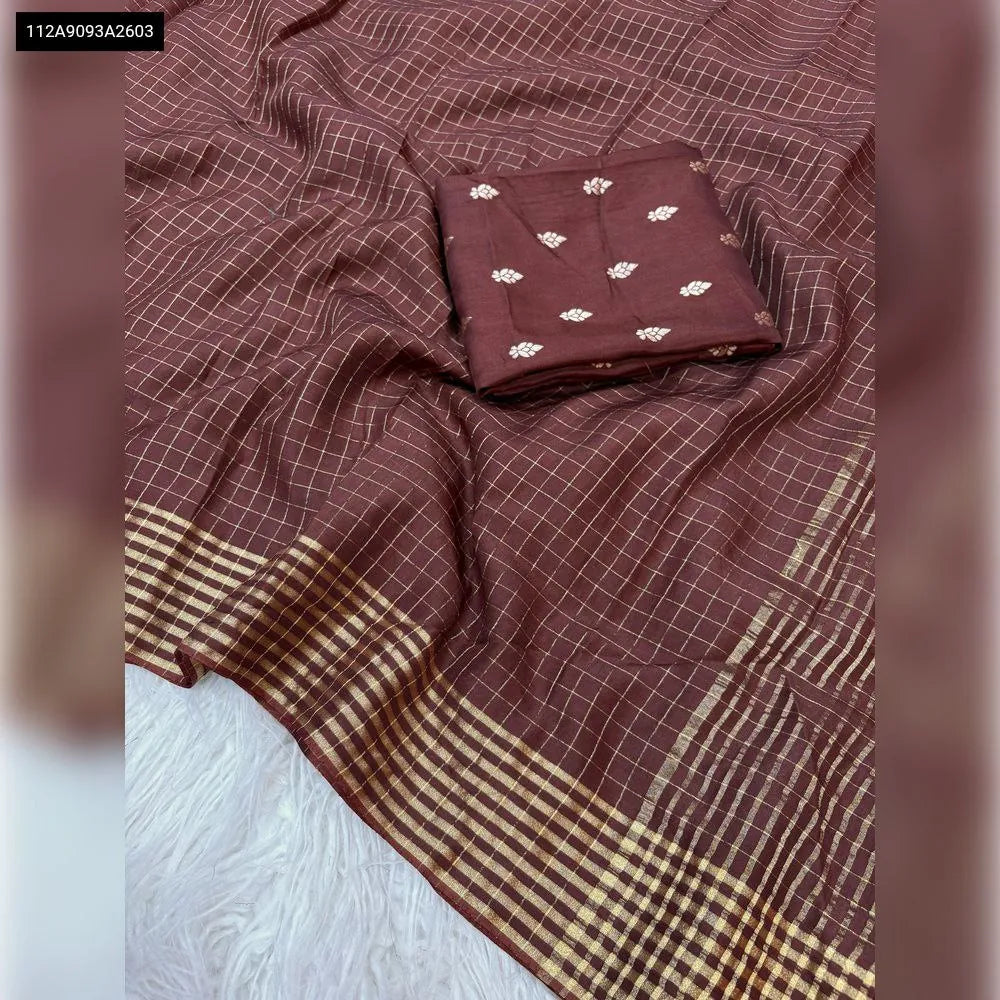TRENDBUY Coffee Brown Viscose Malai Silk Checks Saree with matching blouse piece