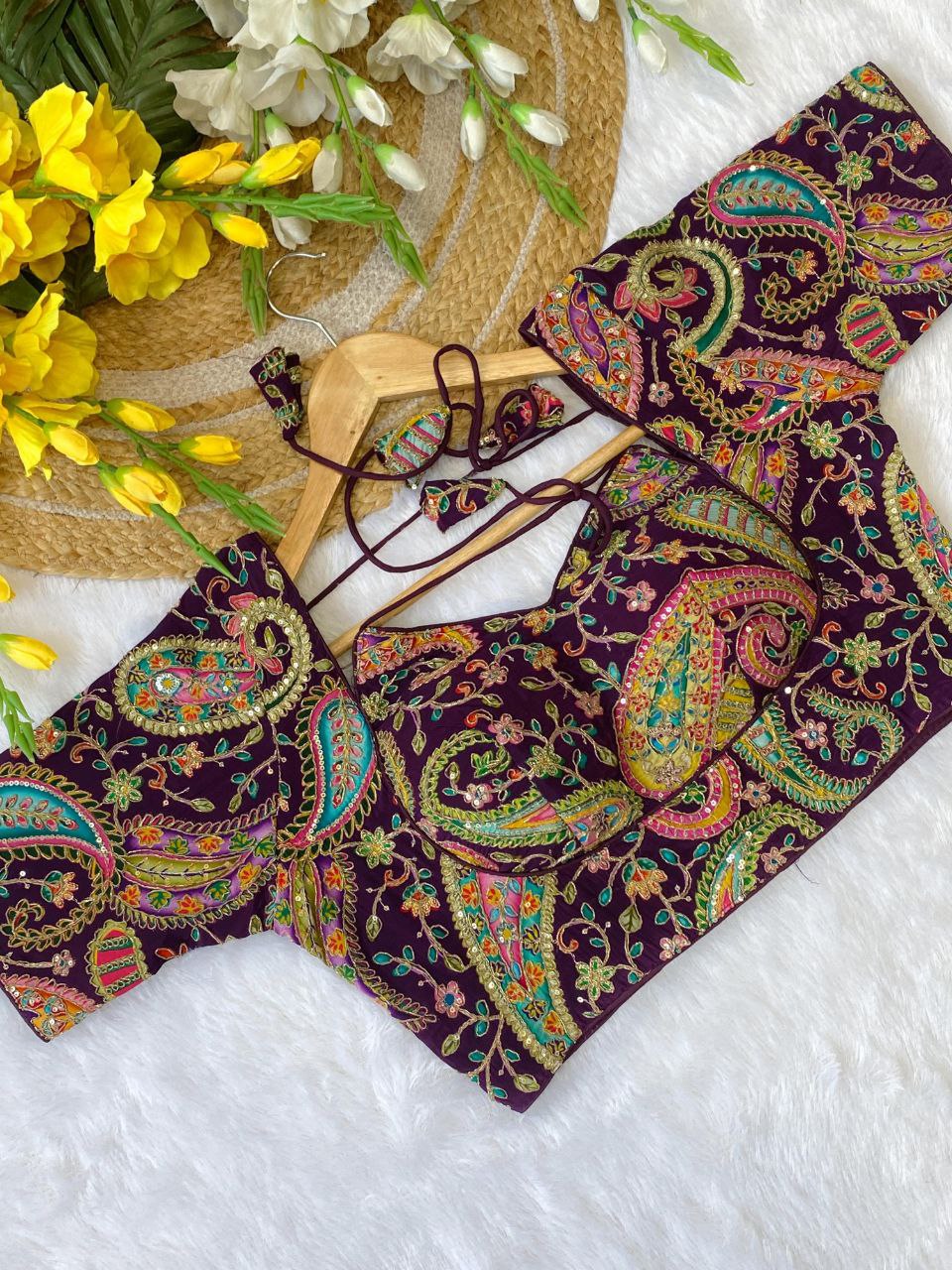 TRENDBUY Plum Viscose Pojisan Party Wear Blouse with intricate paisley embroidery