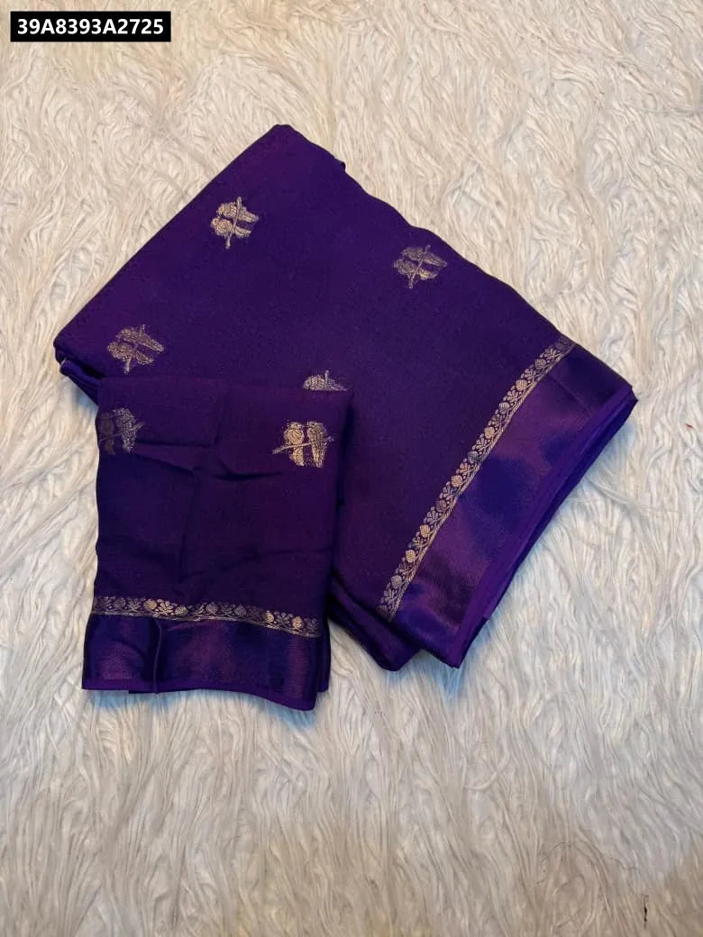 TRENDBUY Pure Soft Viscose Satin Khadi Silk Saree in Purple with Jacquard Design and Contrast Blouse Piece - Flat Lay