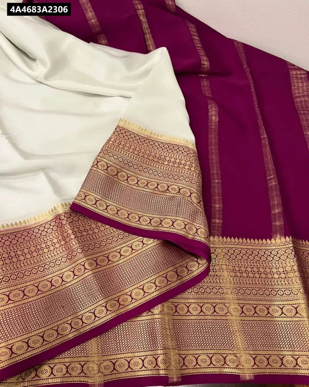 Off-White and Magenta Viscose Silk Saree with Fancy Border by TRENDBUY