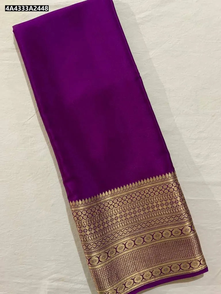 TRENDBUY Pure Viscose Silk Saree in Regal Purple with elegant gold fancy border, flat lay