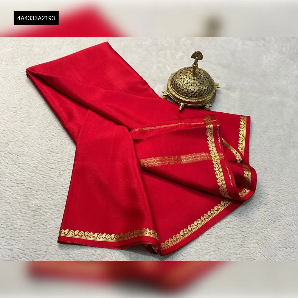 Red Viscose Silk Saree with Fancy Golden Border and Chit Pallu, folded on white background