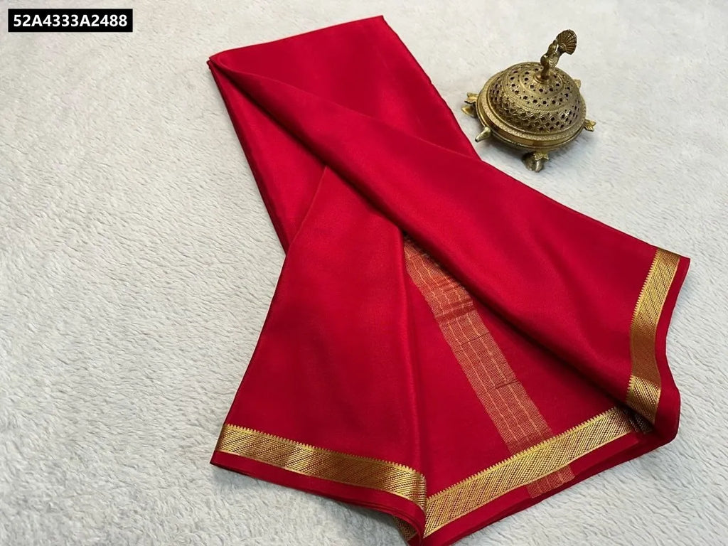 Red Pure Viscose Silk Saree with Fancy Golden Border and Chit Pallu, flat lay.