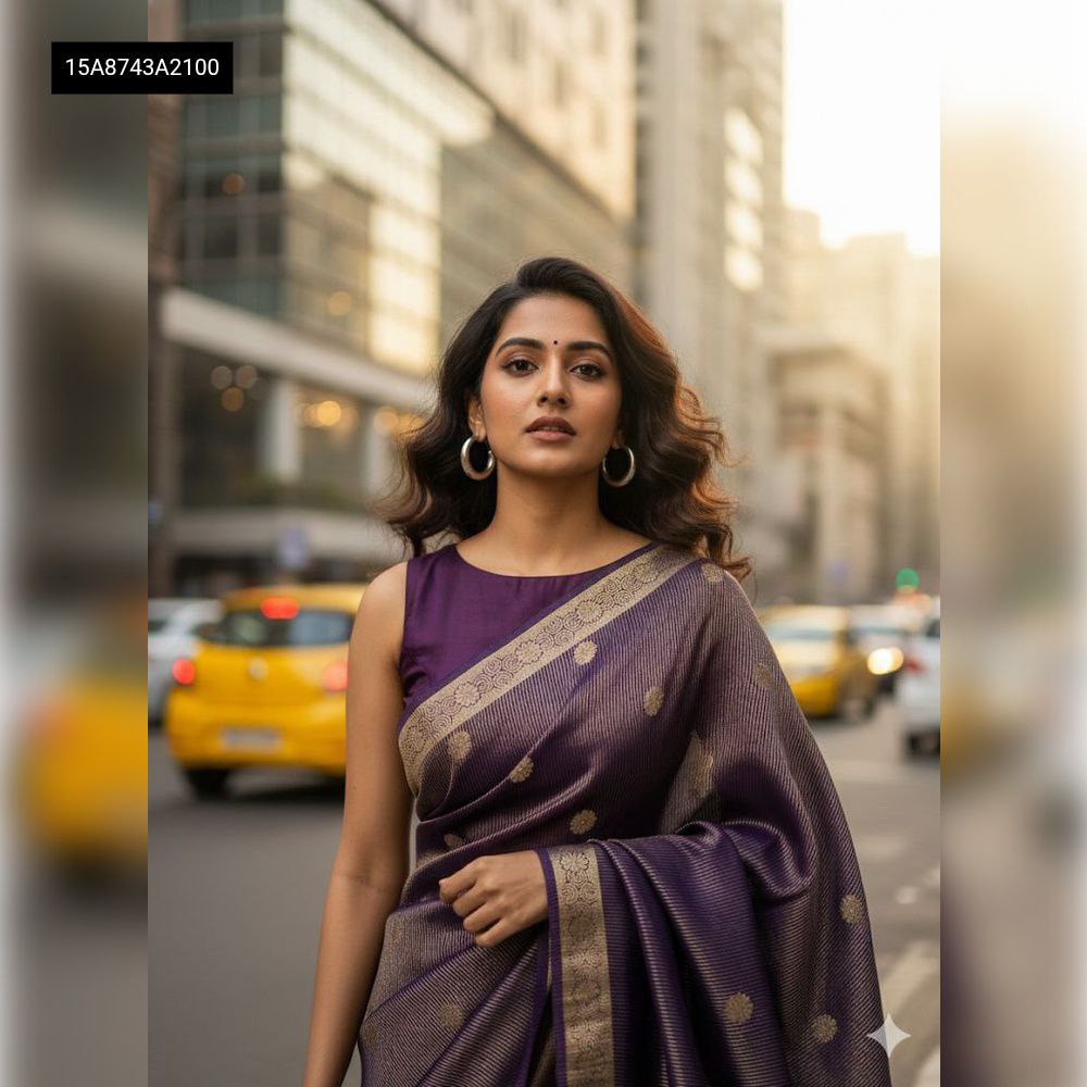 TRENDBUY model in purple viscose silk saree with jacquard butti and designer border