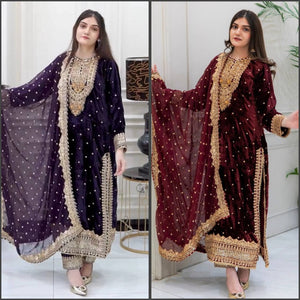 Viscose Velvet Embroidered Women's Suit Set | Designer Party Wear