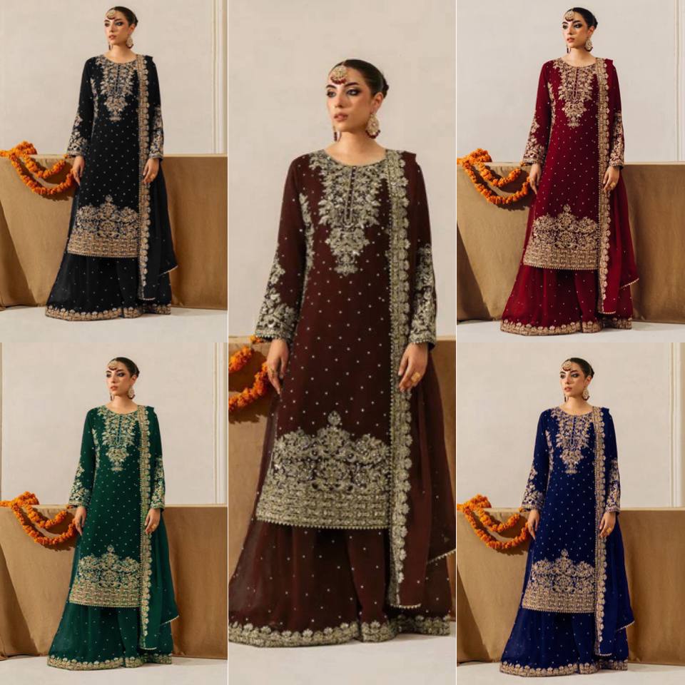 Collage of five women's viscose velvet sharara suits in brown, black, green, maroon, and blue, featuring sequence and moti work.