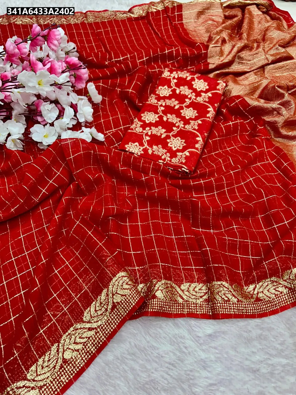 Red Viscous Georgette Checkered Saree with Golden Zari Border and matching blouse by TRENDBUY
