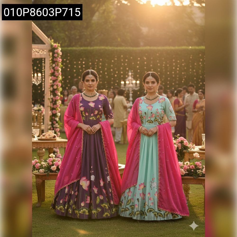 Full body shot of two models, one in a royal purple floral gown and one in a mint green floral gown, posing in a festive outdoor setting.