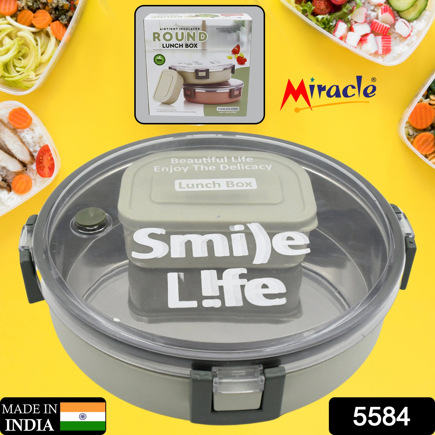 5584 Miracle Stainless Steel Round Lunch Box With Small Plastic Box Insert Leak Proof Lunch Box With Transparent Lid Lunch Box For Kids Adults For School Office (450 Ml + 250 Ml Approx)
