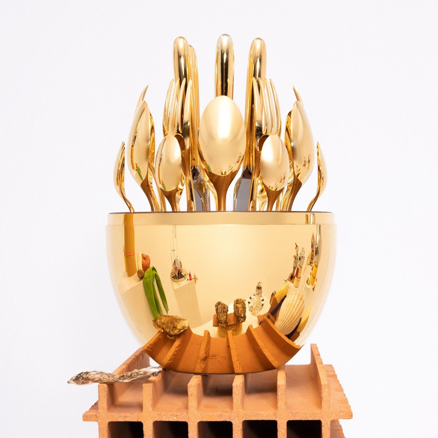 10010 Premium Cutlery Set 24 Pcs With Oval Shaped Stand Beautiful Stylish Oval Designed Cutlery Sets Egg-shaped Luxury Spoon Holder Set (Golden 24 Pcs Set)