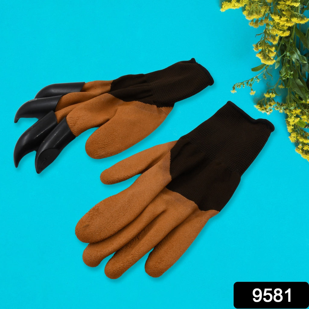 Green garden farming gloves with plastic claws on fingertips