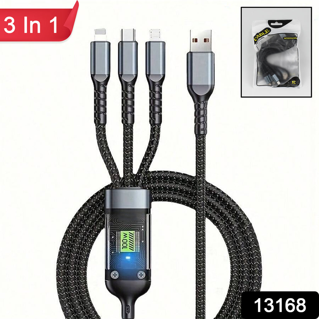 3-in-1 100W super fast charging cable featuring USB-C, Lightning, & Micro USB connectors.