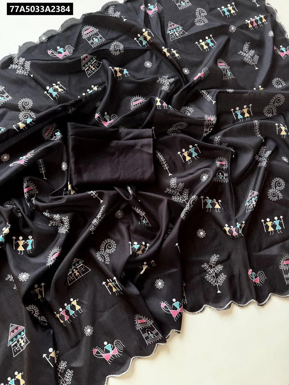 TRENDBUY Warli Digital Print Cotton Silk Saree in Black with matching blouse piece