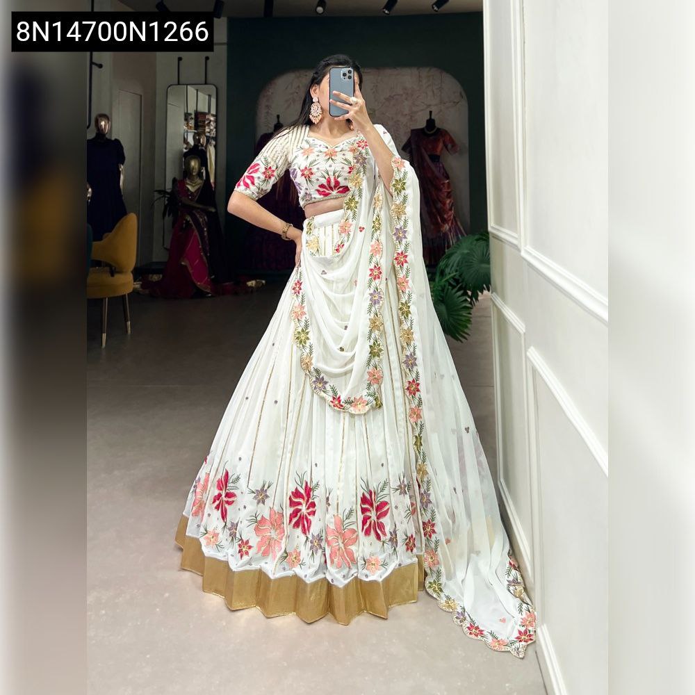TRENDBUY White Floral Embroidered Georgette Lehenga Choli, front view model shot