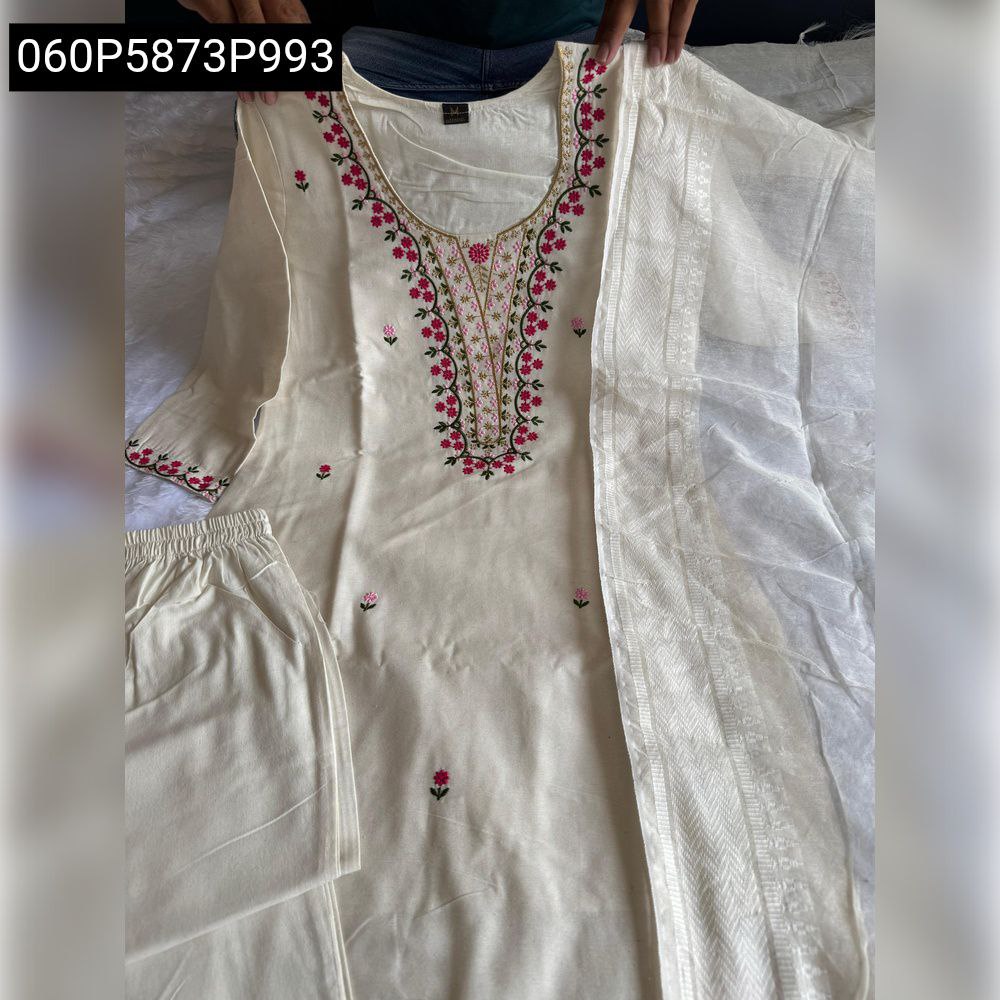 White Khadi Cotton embroidered Kurta Set, held by hands, showing full ensemble