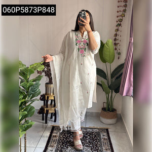 White Khadi Embroidered Kurti Pant Set for Women's | Festive & Casual